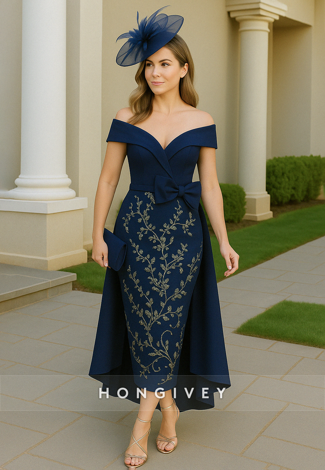 Navy Blue Off the Shoulder Asymmetrical Detachable Mother of the Bride Dress with Bowknot