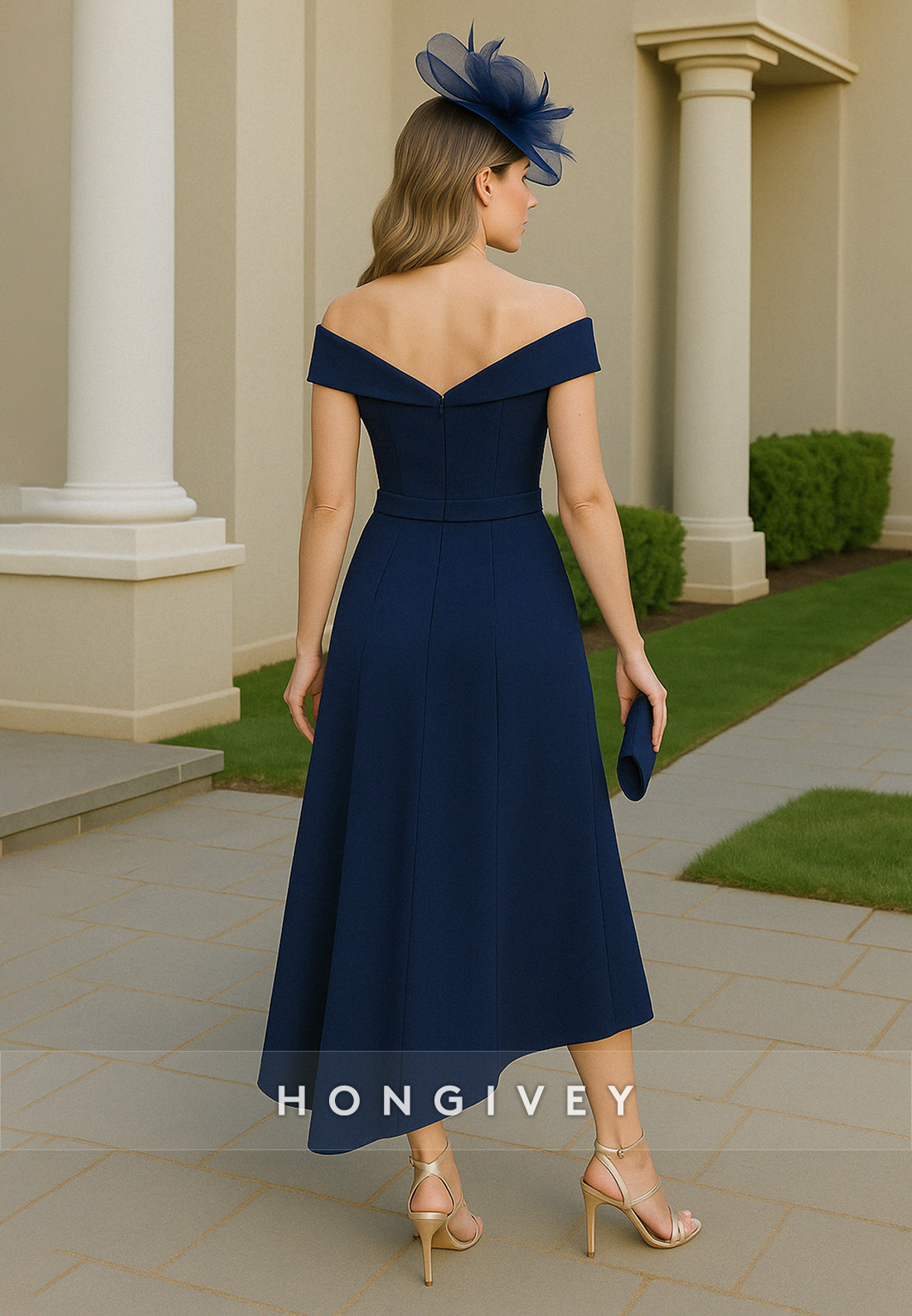 Navy Blue Off the Shoulder Asymmetrical Detachable Mother of the Bride Dress with Bowknot