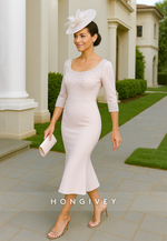 Elegant Mermaid 3/4 Sleeve Tea-Length Cocktail Dresses with Beading
