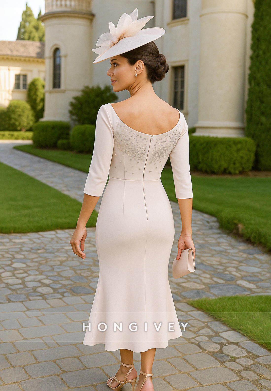 Elegant Mermaid 3/4 Sleeve Tea-Length Cocktail Dresses with Beading