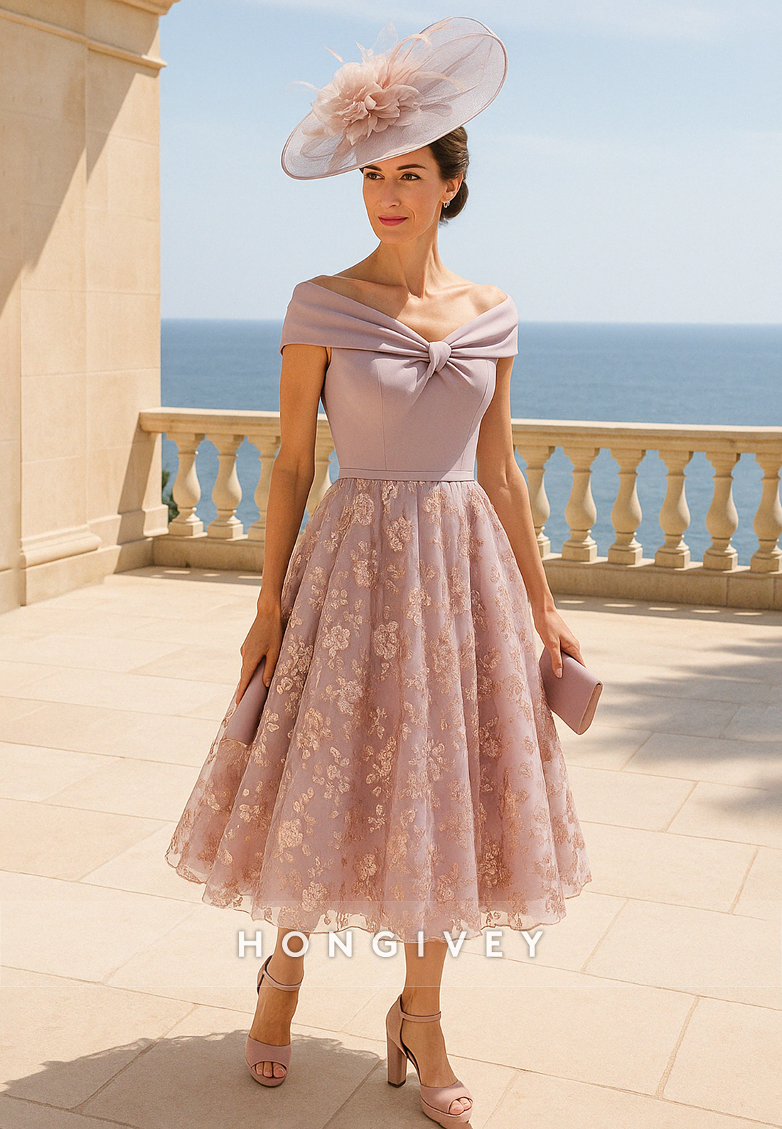 Off the Shoulder Dusty Pink Tea-Length A-Line Floral Print Mother of the Bride Dress