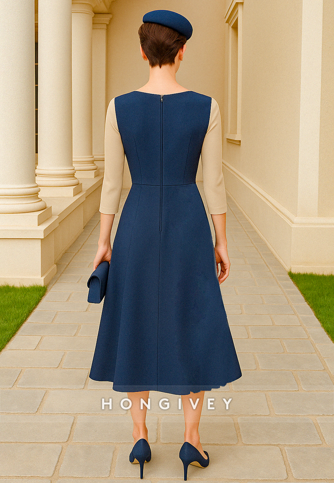 A-Line 3/4 Sleeve Tea-Length Mother of the Bride Dress with Waistband and Ruffles