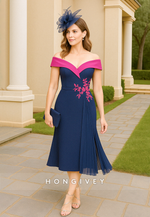 Off the Shoulder Side Draping Mermaid Tea-Length Cocktail Dresses with Appliques