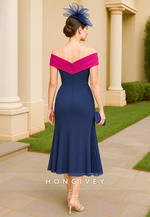 Off the Shoulder Side Draping Mermaid Tea-Length Cocktail Dresses with Appliques