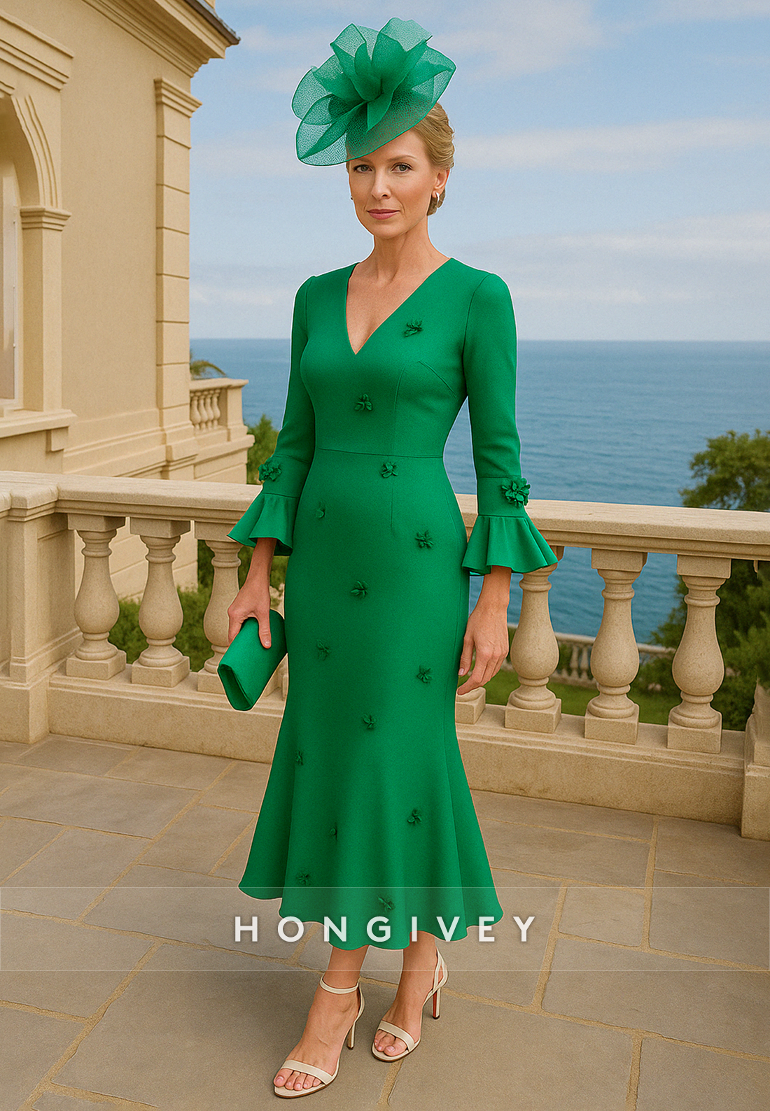 Bell Sleeves V-Neck Mermaid Ankle-LengthMother of the Bride Dress with Appliques