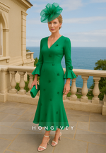 Bell Sleeves V-Neck Mermaid Ankle-LengthMother of the Bride Dress with Appliques