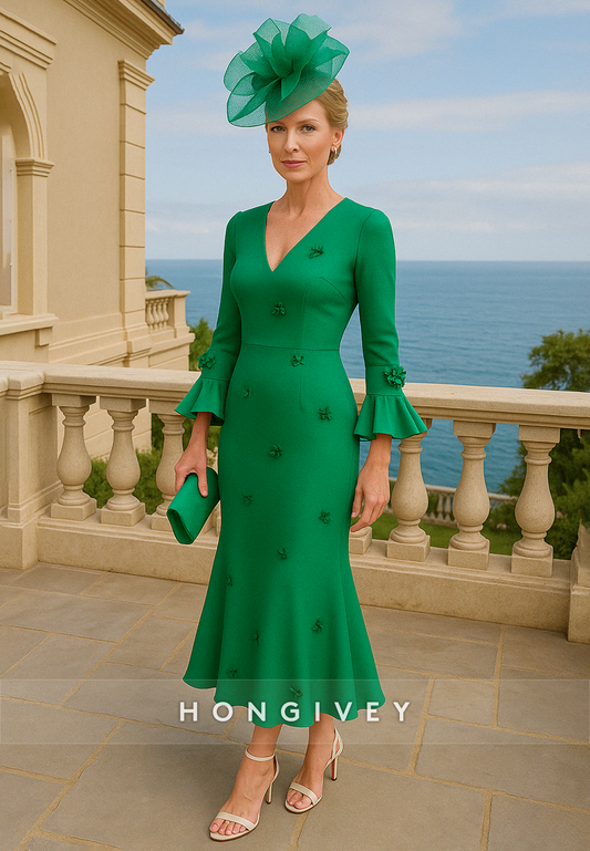 Bell Sleeves V-Neck Mermaid Ankle-LengthMother of the Bride Dress with Appliques