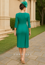 3/4 Sleeve Green Mother of the Bride Dress V-Neck Side Draping Knee-Length Cocktail Dresses