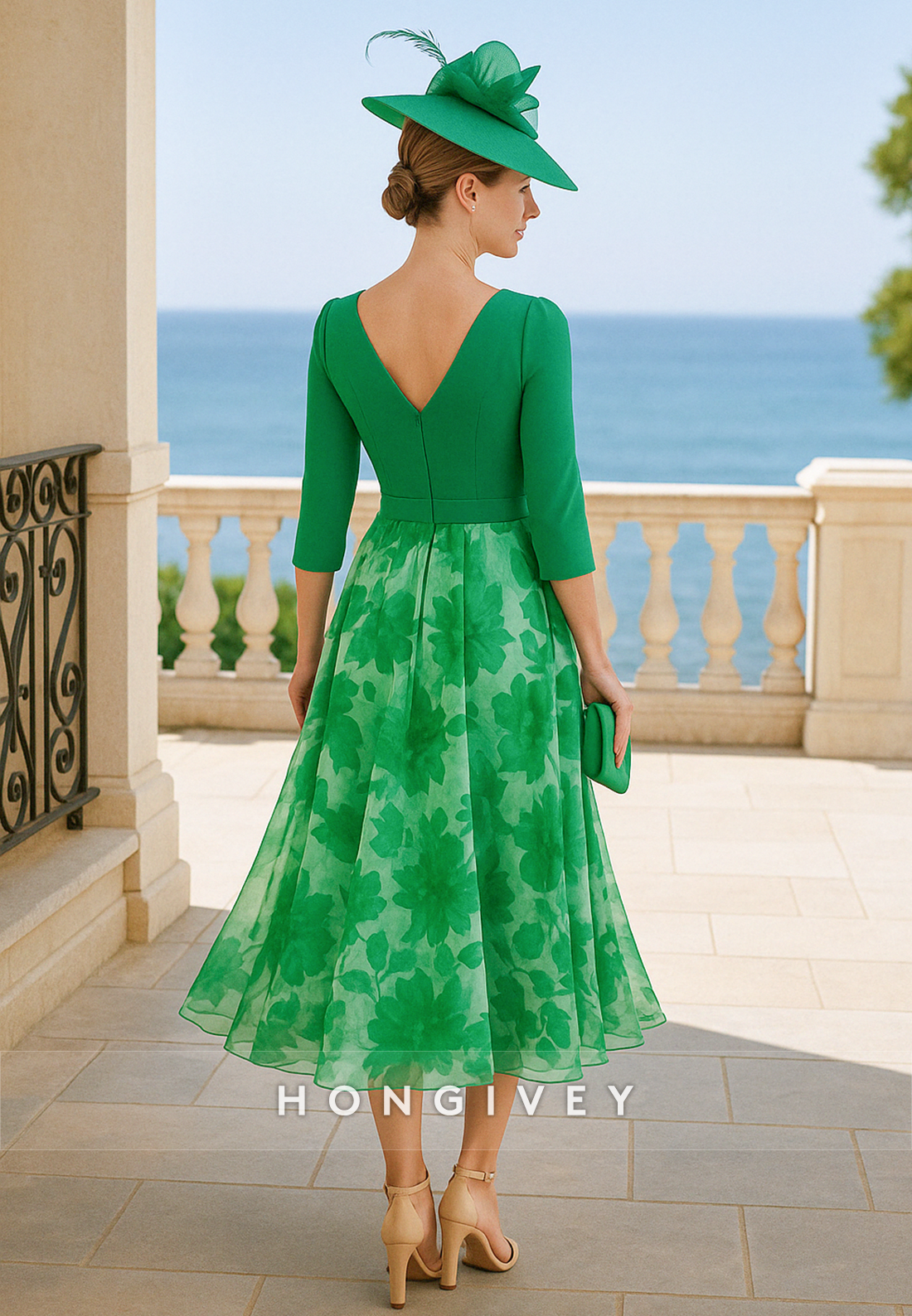Green Floral Print 3/4 Sleeve A-Line Tea-Length V-Neck Mother of the Bride Dress