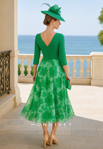 Green Floral Print 3/4 Sleeve A-Line Tea-Length V-Neck Mother of the Bride Dress