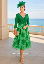 Green Floral Print 3/4 Sleeve A-Line Tea-Length V-Neck Mother of the Bride Dress