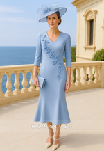 V-Neck 3/4 Sleeve Tea-Length Trumpet Mother of the Bride Dress with Appliques