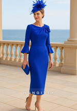 Pleated Sheath Tea-Length Royal Blue Bell Sleeves Mother of the Bride Dress