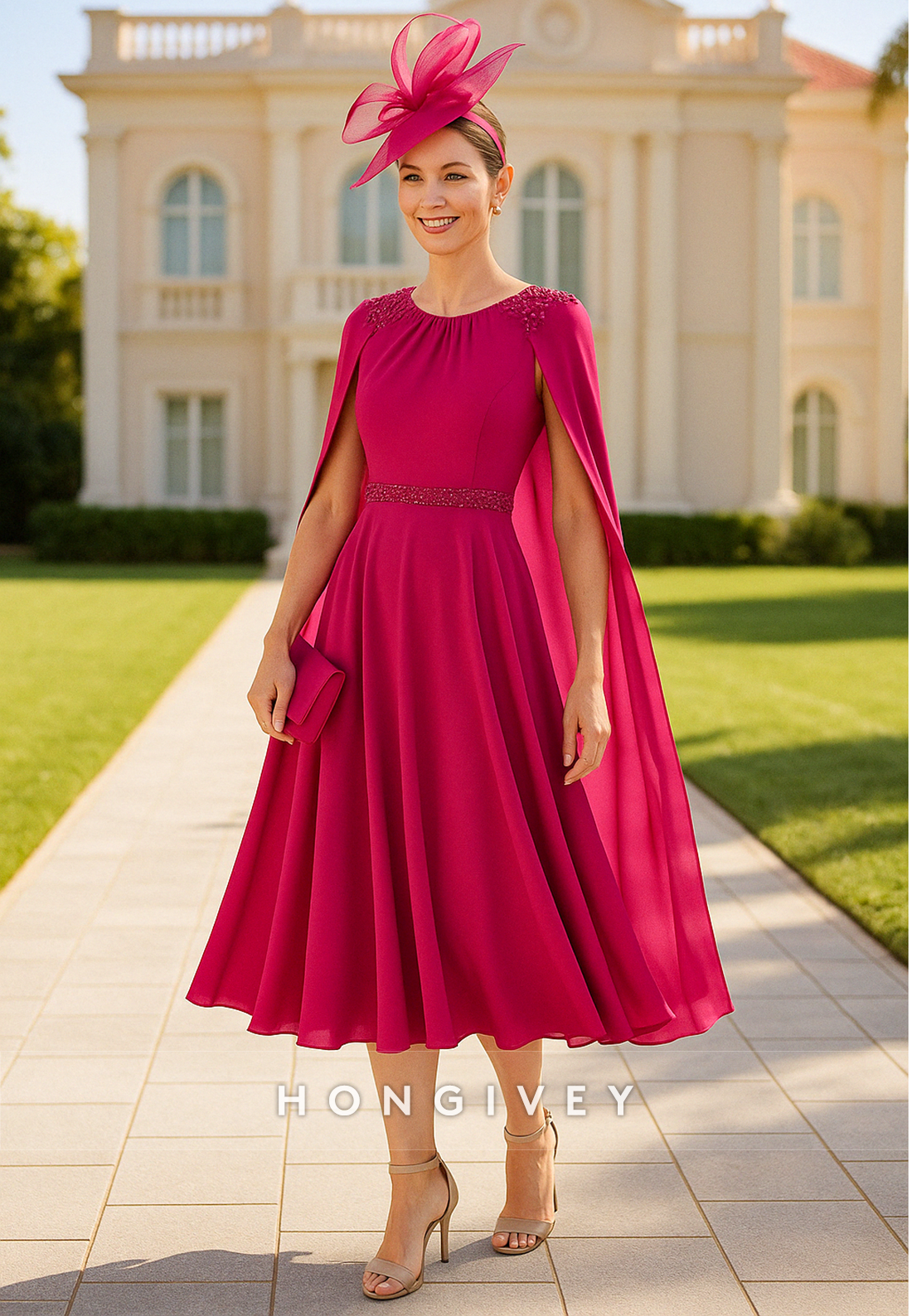 Rose Red A-Line Shoulder Flower Pleated Tea-Length Mother of the Bride Dress with Cope