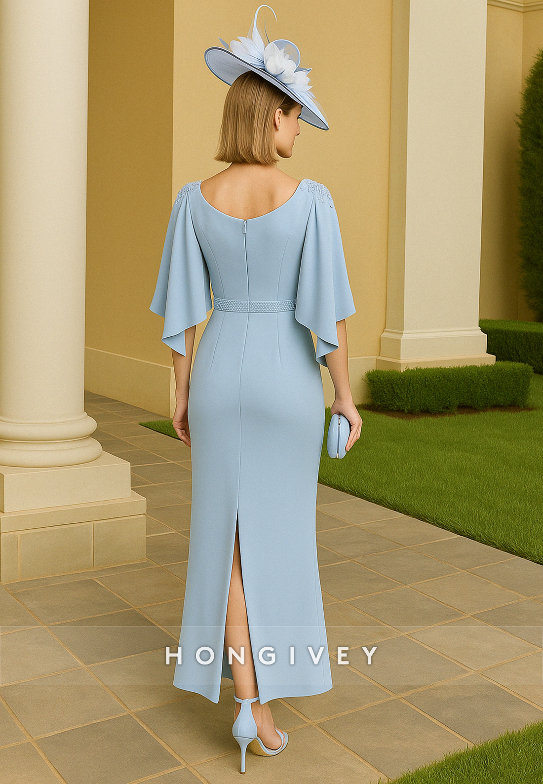Sky Blue V-Neck Flutter Sleeves Pleated Mermaid Mother of the Bride Dress with Slit