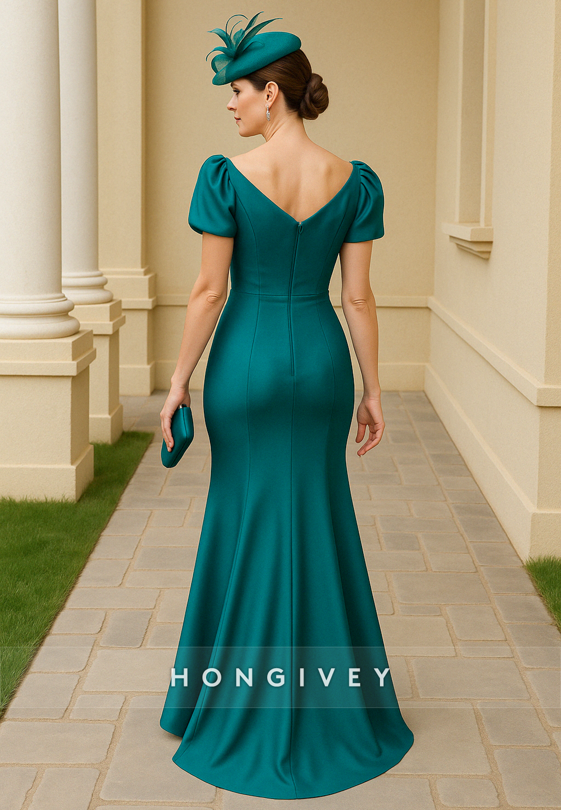 Short Sleeves Teal Floor-Length Side Slit Trumpet Pleated Mother of the Bride Dress