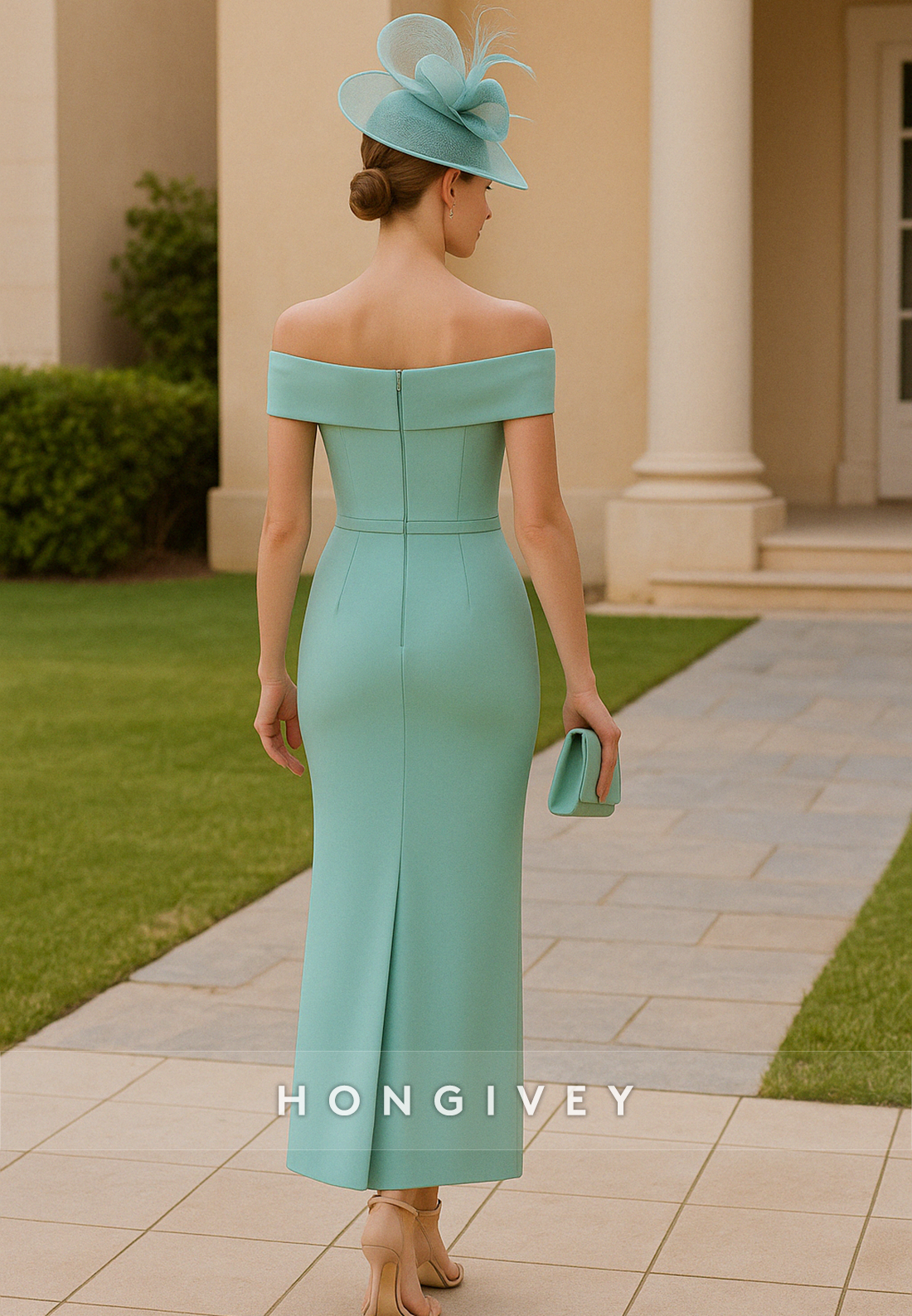 Knee-Length Turquoise Off the Shoulder Column Mother of The Bride Dress with Slit