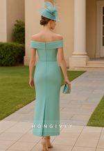 Knee-Length Turquoise Off the Shoulder Column Mother of The Bride Dress with Slit