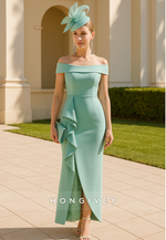 Knee-Length Turquoise Off the Shoulder Column Mother of The Bride Dress with Slit