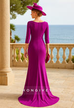3/4 Sleeve Scoop Purple Sweep Train Trumpet Mother of The Bride Dress with Ruffles