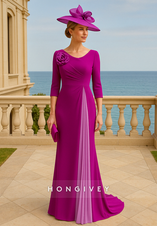 3/4 Sleeve Scoop Purple Sweep Train Trumpet Mother of The Bride Dress with Ruffles