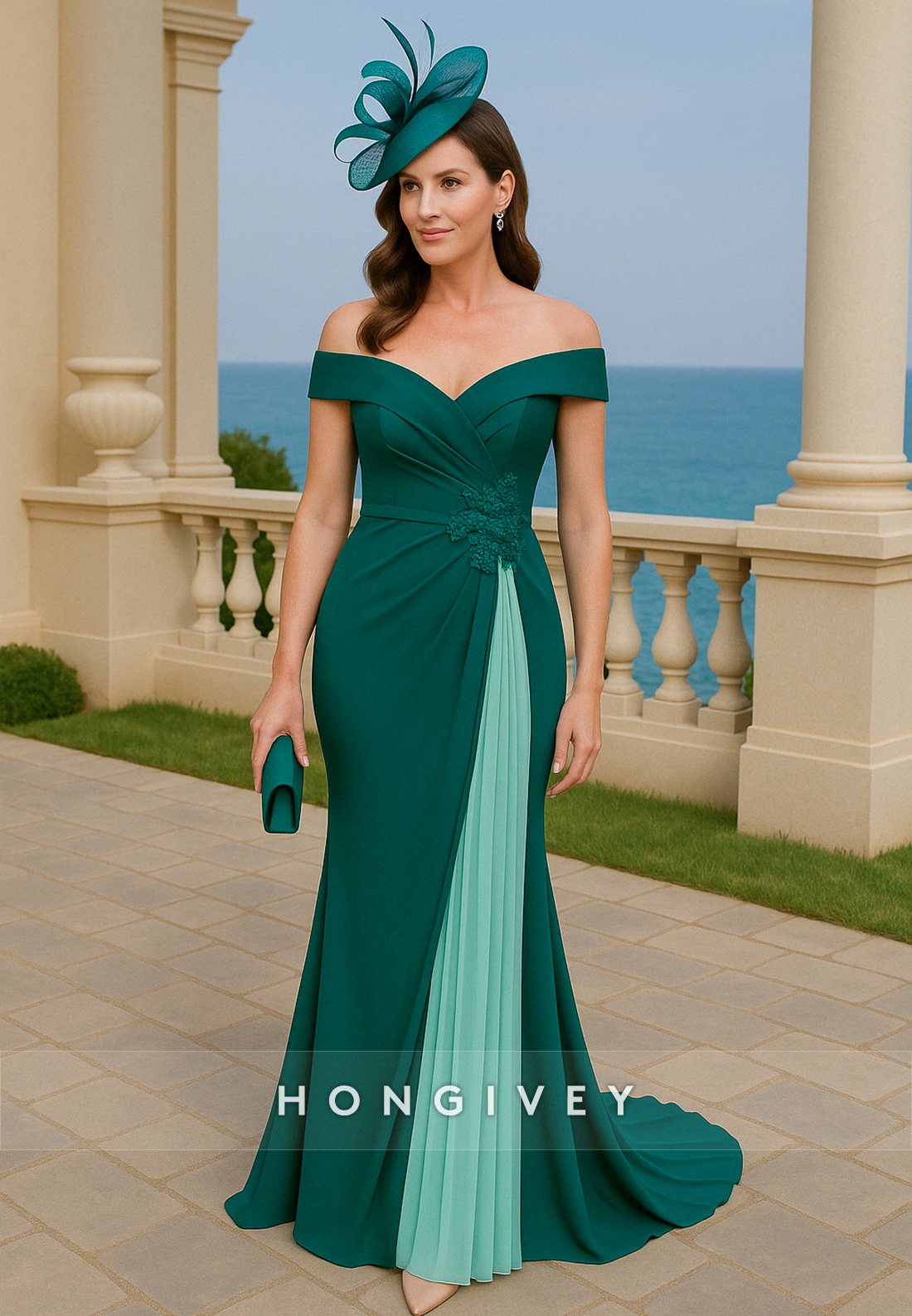 Off the Shoulder Teal Sweep Train Trumpet Mother of the Bride Dress with Ruffles