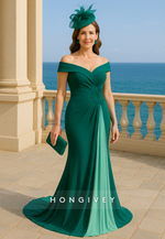 Off the Shoulder Teal Sweep Train Trumpet Mother of the Bride Dress with Ruffles