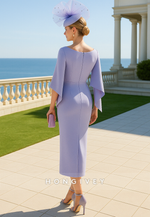 Simple Flutter Sleeves Lilac Shoulder Flower Pleated Sheath Mother of the Bride Dress