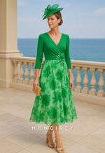 Green Floral Print 3/4 Sleeve A-Line Tea-Length V-Neck Mother of the Bride Dress