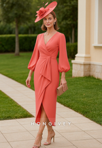 Long Sleeves V-Neck Sheath Pleated Mother of the Bride Dress with Slit