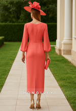 Long Sleeves V-Neck Sheath Pleated Mother of the Bride Dress with Slit