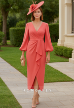 Long Sleeves V-Neck Sheath Pleated Mother of the Bride Dress with Slit