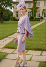 V-Neck Sheath Flutter Sleeves Cocktail Dress Knee Length Lilac Mother of the Bride Dress