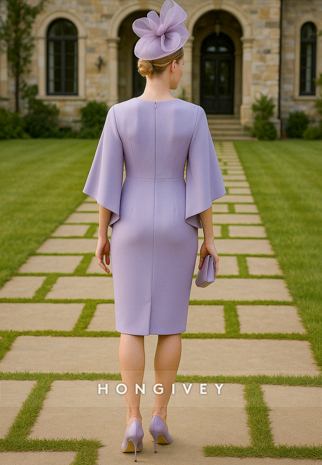 V-Neck Sheath Flutter Sleeves Cocktail Dress Knee Length Lilac Mother of the Bride Dress