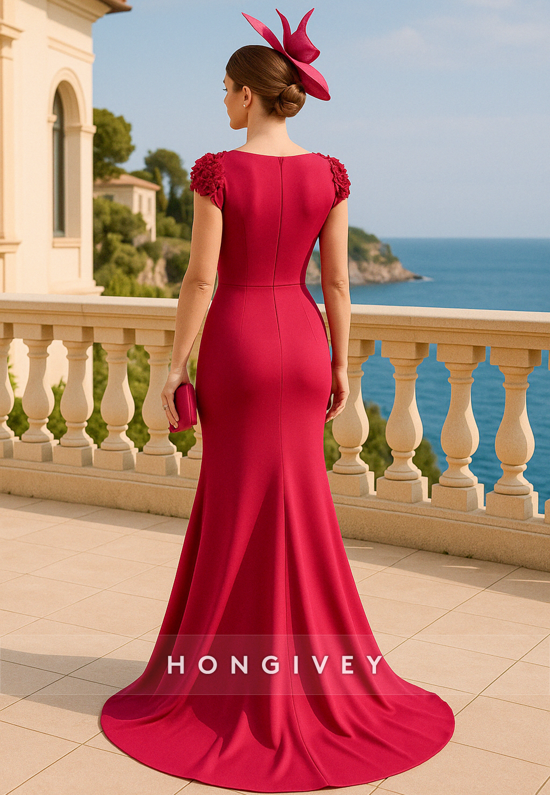 Red Cap Sleeves Shoulder Flowers Trumpet Sweep Train Mother of the Bride Dress