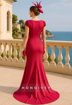 Red Cap Sleeves Shoulder Flowers Trumpet Sweep Train Mother of the Bride Dress