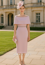 Bateau Neck Sheath Shawl Pale Blush Tea-Length Mother of the Bride Dress