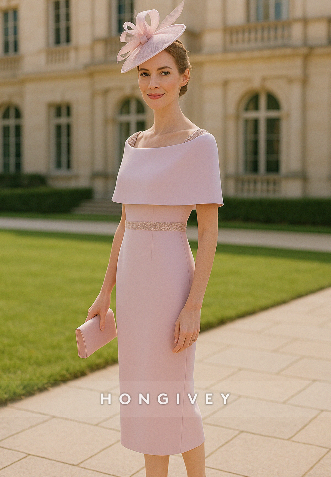 Bateau Neck Sheath Shawl Pale Blush Tea-Length Mother of the Bride Dress