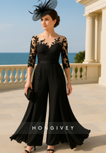 Jumpsuit Black Ankle-Length 3/4 Sleeve Mother of the Bride Dress with Lace