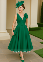 A-Line V-Neck Emerald Shoulder Flower Mother of the Bride Dress with Waistband