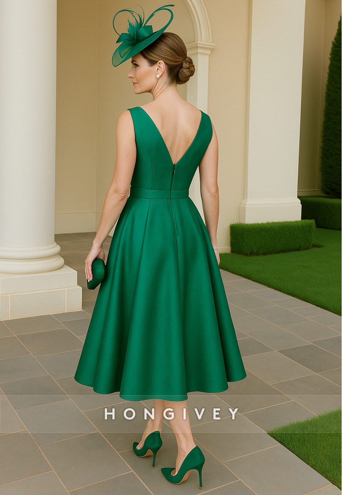A-Line V-Neck Emerald Shoulder Flower Mother of the Bride Dress with Waistband