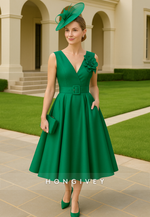 A-Line V-Neck Emerald Shoulder Flower Mother of the Bride Dress with Waistband