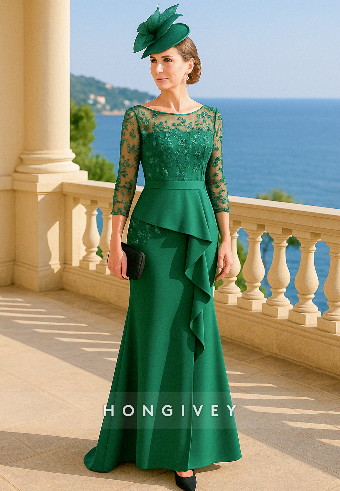 3/4 Sleeve Illusion Neck Floor-Length Mother of the Bride Dress with Lace