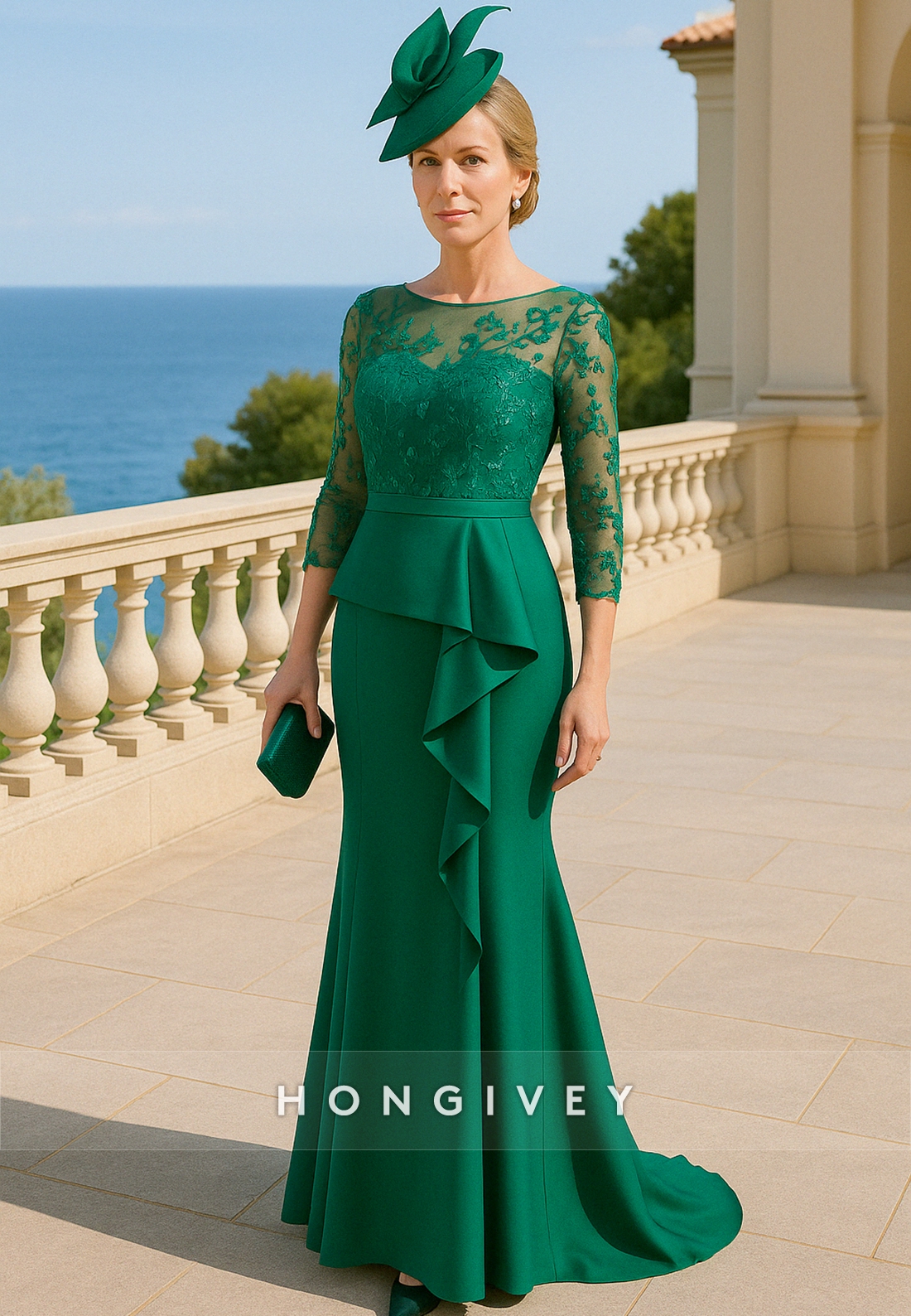 3/4 Sleeve Illusion Neck Floor-Length Mother of the Bride Dress with Lace