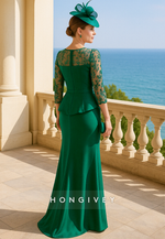 3/4 Sleeve Illusion Neck Floor-Length Mother of the Bride Dress with Lace
