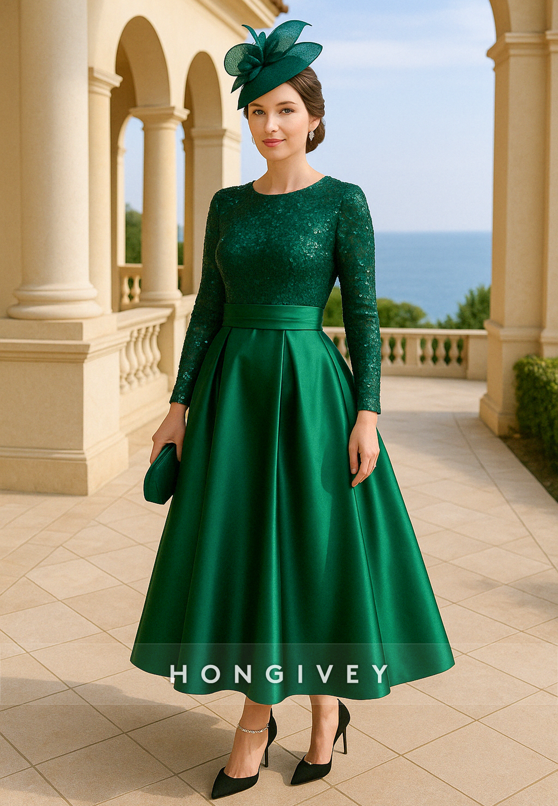 Long Sleeves Dark Green A-Line Satin Sequined Mother of the Bride Dress
