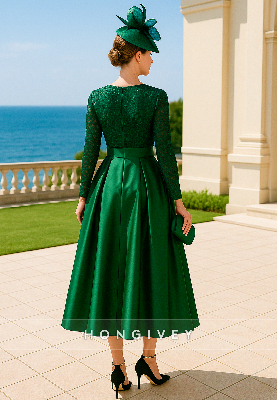 Long Sleeves Dark Green A-Line Satin Sequined Mother of the Bride Dress