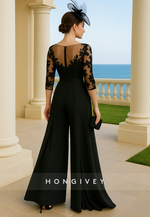 Jumpsuit Black Ankle-Length 3/4 Sleeve Mother of the Bride Dress with Lace