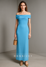 Simple Blue Off the Shoulder Column Ankle-Length Evening Gowns