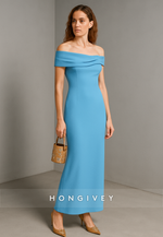 Simple Blue Off the Shoulder Column Ankle-Length Evening Gowns